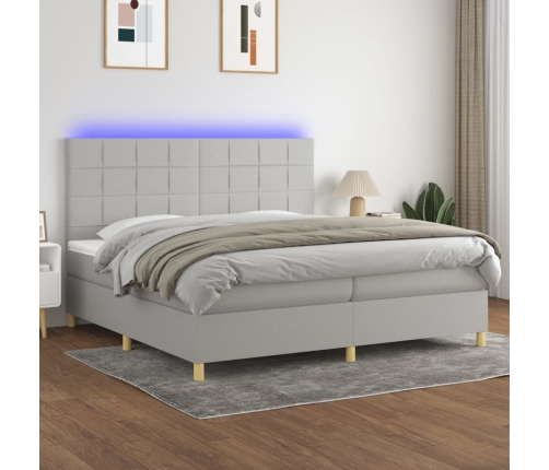 Cama box spring con colchón tela y LED gris claro 200x200 cm