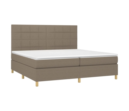 Cama box spring colchón y luces LED tela gris taupe 200x200 cm