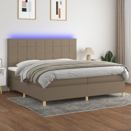 Cama box spring colchón y luces LED tela gris taupe 200x200 cm