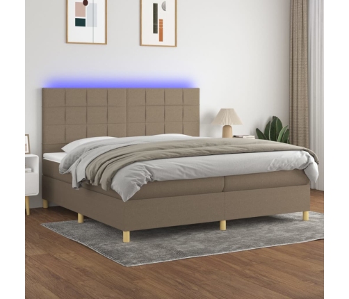 Cama box spring colchón y luces LED tela gris taupe 200x200 cm