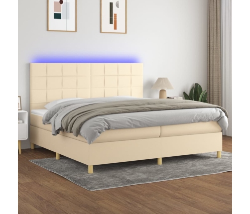 Cama box spring colchón y luces LED tela crema 200x200 cm