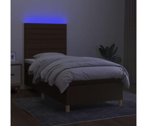 Cama box spring colchón y luces LED tela marrón oscuro 80x200cm