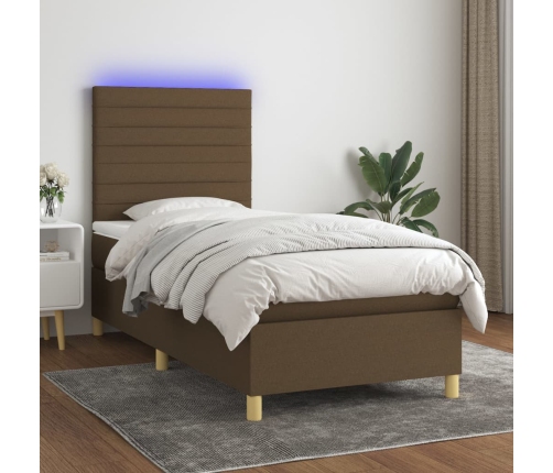 Cama box spring colchón y luces LED tela marrón oscuro 80x200cm