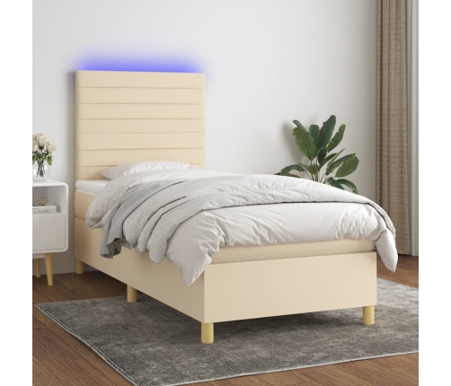 Cama box spring colchón y luces LED tela crema 80x200 cm