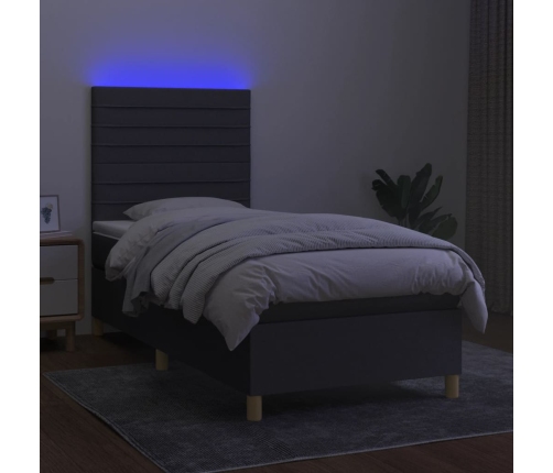 Cama box spring colchón y luces LED tela gris oscuro 90x190 cm