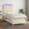 Cama box spring colchón y luces LED tela crema 90x200 cm