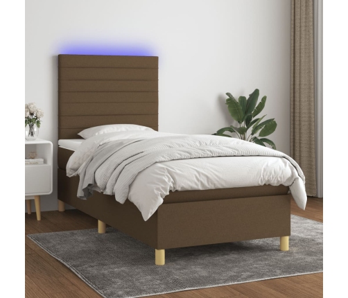 Cama box spring colchón luces LED tela marrón oscuro 100x200cm