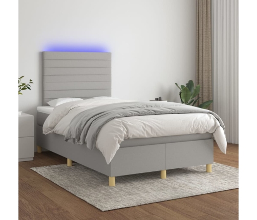 Cama box spring con colchón tela y LED gris claro 120x200 cm