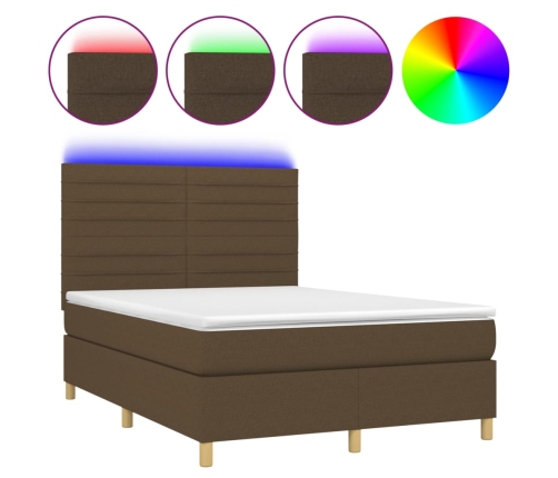 Cama box spring colchón luces LED tela marrón oscuro 140x190 cm