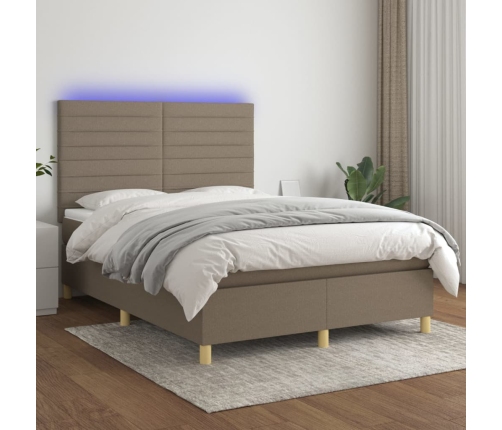 Cama box spring colchón y luces LED tela gris taupe 140x190 cm