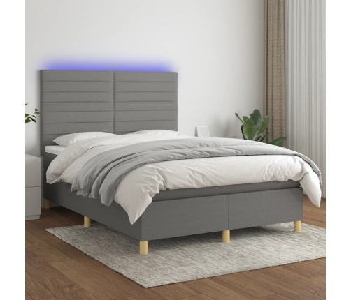 Cama box spring colchón y luces LED tela gris oscuro 140x200 cm