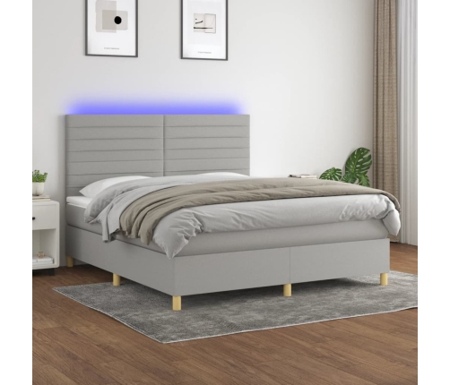 Cama box spring colchón y luces LED tela gris claro 160x200 cm