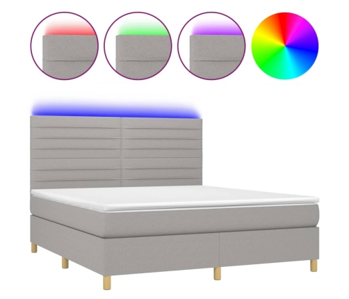 Cama box spring colchón y luces LED tela gris claro 180x200 cm