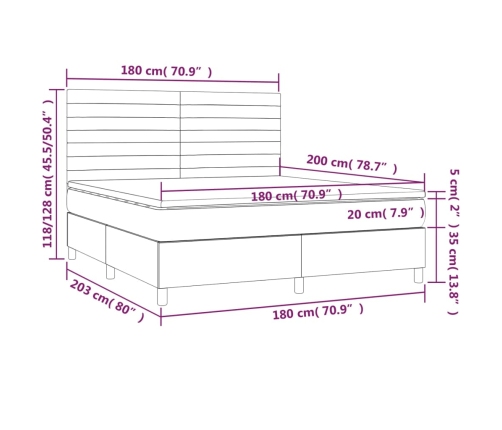 Cama box spring colchón y luces LED tela negro 180x200 cm