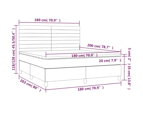 Cama box spring colchón luces LED tela marrón oscuro 180x200cm