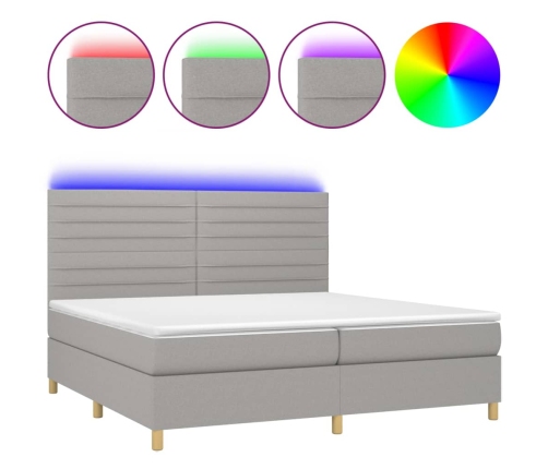 Cama box spring con colchón tela y LED gris claro 200x200 cm