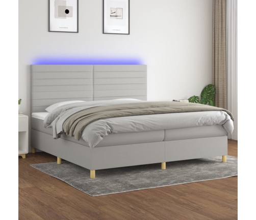 Cama box spring con colchón tela y LED gris claro 200x200 cm