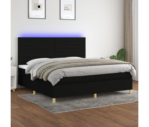 Cama box spring colchón y luces LED tela negro 200x200 cm