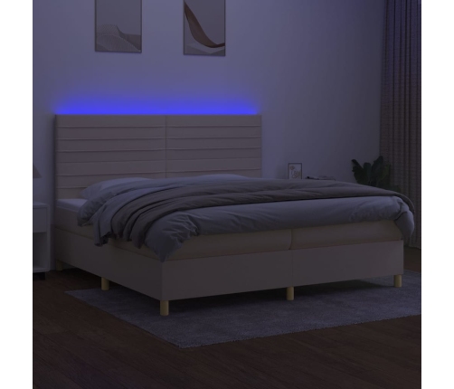 Cama box spring colchón y luces LED tela crema 200x200 cm