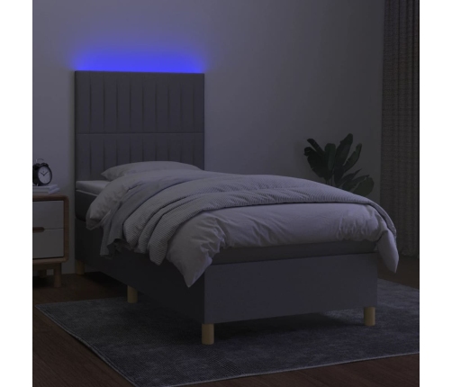 Cama box spring colchón y luces LED tela gris claro 80x200 cm