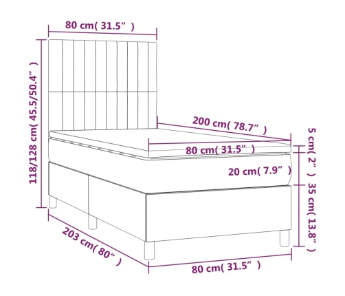 Cama box spring colchón y luces LED tela gris claro 80x200 cm