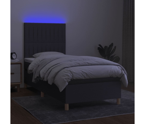 Cama box spring colchón y luces LED tela gris oscuro 80x200 cm