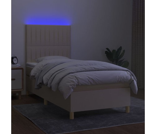 Cama box spring colchón y luces LED tela color crema 90x190 cm