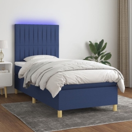 Cama box spring colchón y luces LED tela azul 90x190 cm