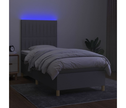 Cama box spring colchón y luces LED tela gris claro 90x200 cm