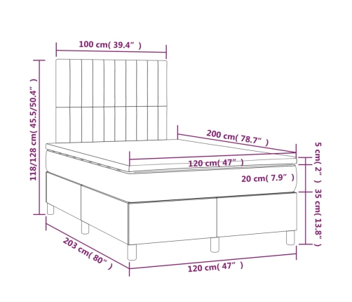Cama box spring con colchón tela y LED gris claro 120x200 cm