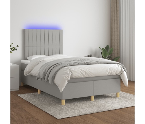 Cama box spring con colchón tela y LED gris claro 120x200 cm