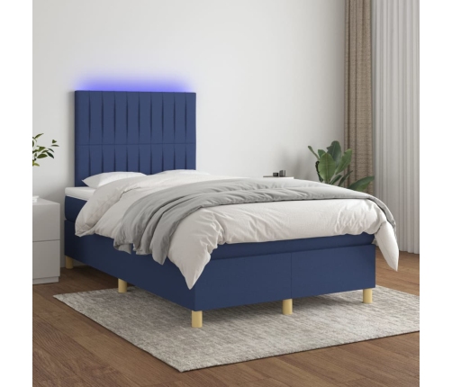 Cama box spring con colchón y LED tela azul 120x200 cm