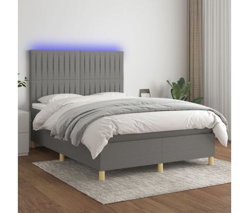 Cama box spring colchón y luces LED tela gris oscuro 140x190 cm