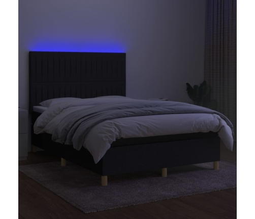 Cama box spring colchón y luces LED tela negro 140x190 cm