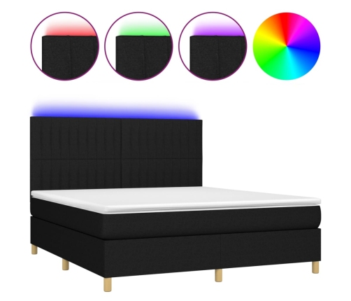 Cama box spring colchón y luces LED tela negro 160x200 cm