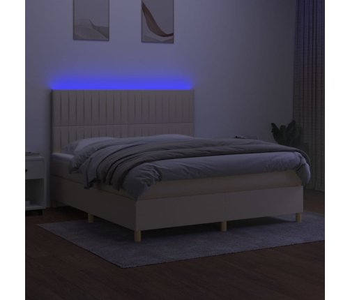 Cama box spring colchón y luces LED tela crema 160x200 cm