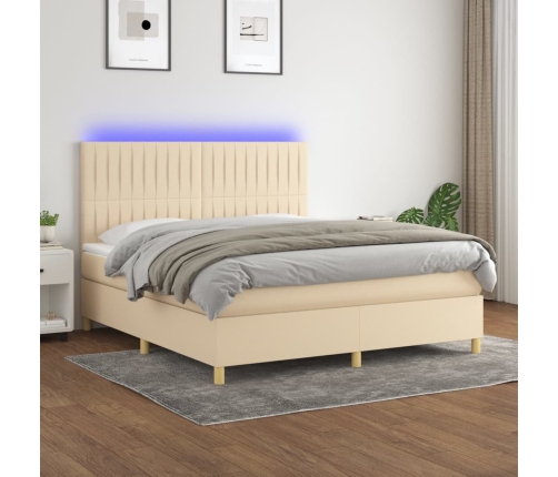 Cama box spring colchón y luces LED tela crema 160x200 cm