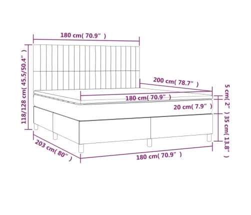 Cama box spring colchón y luces LED tela gris claro 180x200 cm