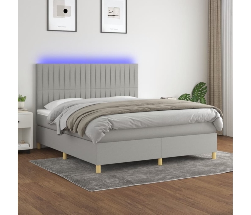 Cama box spring colchón y luces LED tela gris claro 180x200 cm