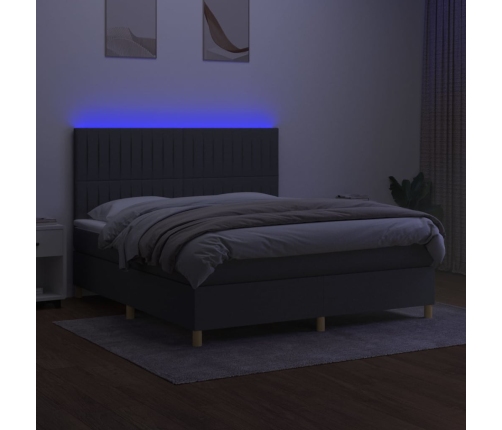 Cama box spring colchón y luces LED tela gris oscuro 180x200 cm