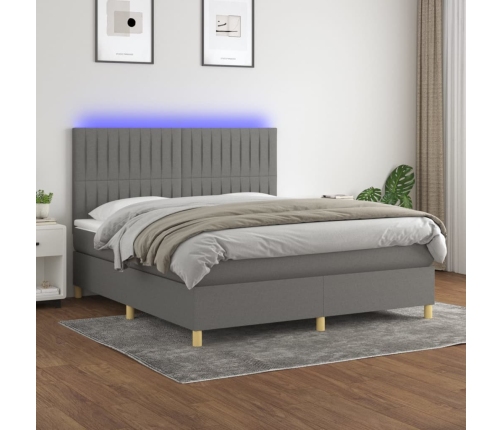 Cama box spring colchón y luces LED tela gris oscuro 180x200 cm