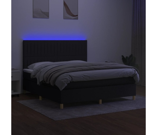 Cama box spring colchón y luces LED tela negro 180x200 cm