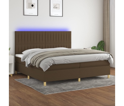 Cama box spring colchón luces LED tela marrón oscuro 200x200 cm