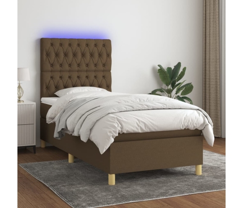 Cama box spring colchón y luces LED tela marrón oscuro 80x200cm