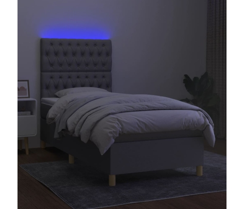 Cama box spring colchón y luces LED tela gris claro 90x190 cm