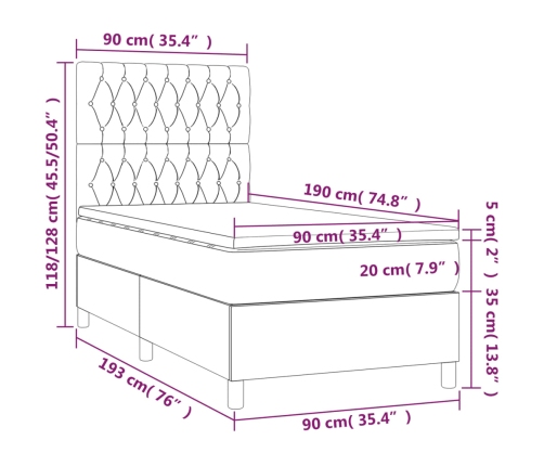 Cama box spring colchón y luces LED tela gris claro 90x190 cm