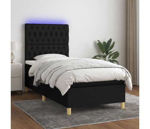 Cama box spring colchón y luces LED tela negro 90x190 cm