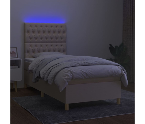 Cama box spring colchón y luces LED tela color crema 90x190 cm