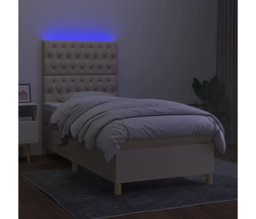 Cama box spring colchón y luces LED tela crema 90x200 cm