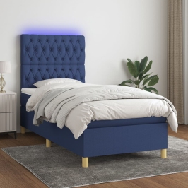 Cama box spring colchón y luces LED tela azul 90x200 cm